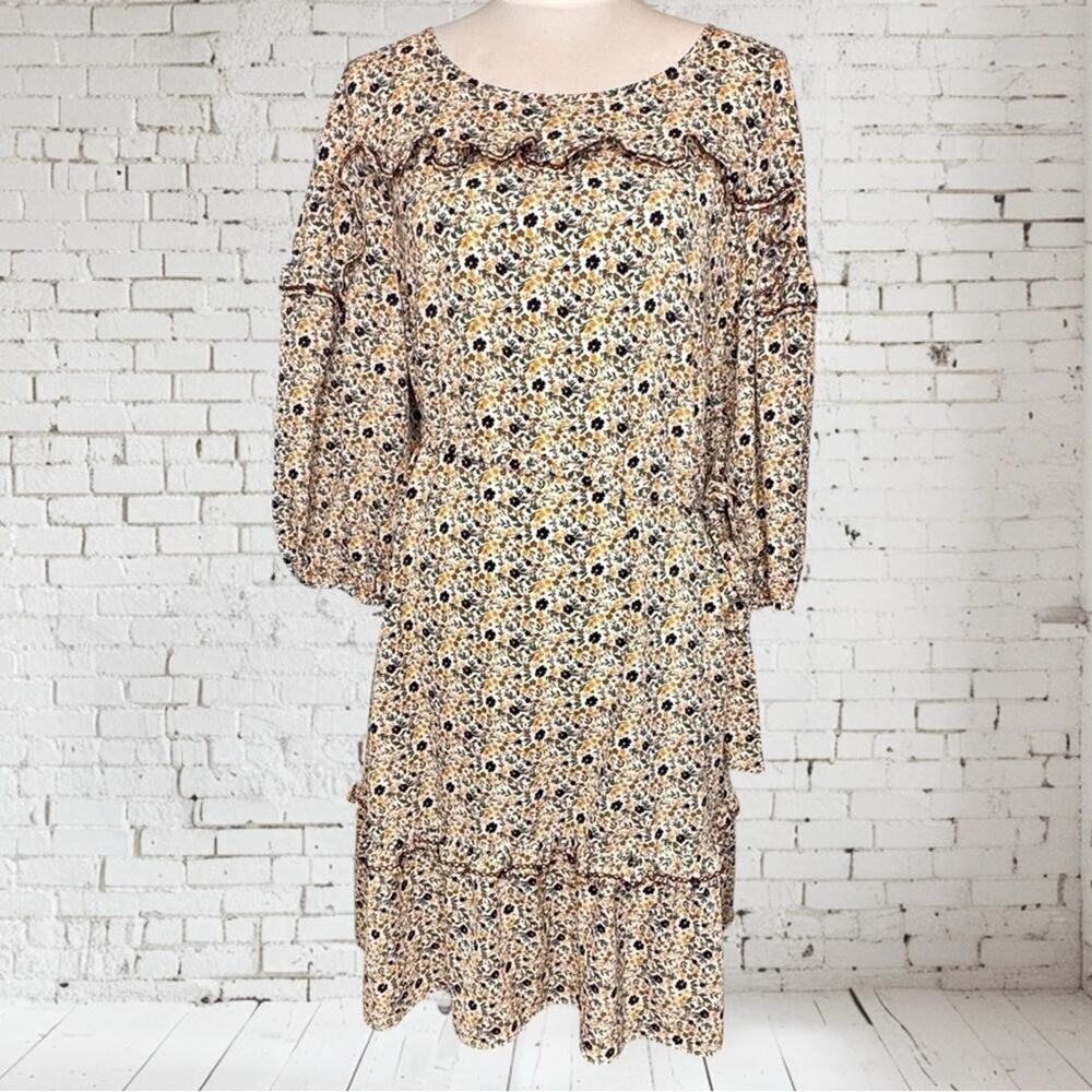 MAX STUDIO Multi Color Floral Dress with Tie Belt Ruffle Flowers Boho Summer L